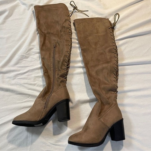 NEW! TOP MODA ZOLA 22-inch Over-the-Knee Lace Up Taupe Faux Suede Boots, 6.5 - Picture 1 of 9